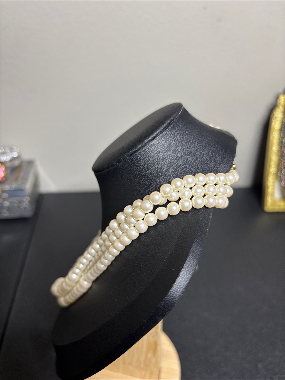 Elegant Triple-Strand Faux Pearl Statement Necklace - Cream Pearls Jewelry - Picture 2 of 7